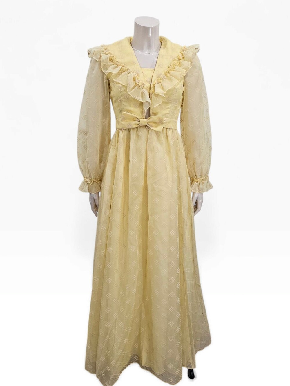Vtg 60s 70s LORRIE DEB Yellow Ruffled Fit Flare Chiffon Long Maxi Dress XS